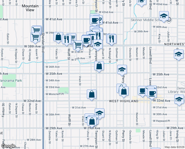 map of restaurants, bars, coffee shops, grocery stores, and more near 4501 West 34th Avenue in Denver