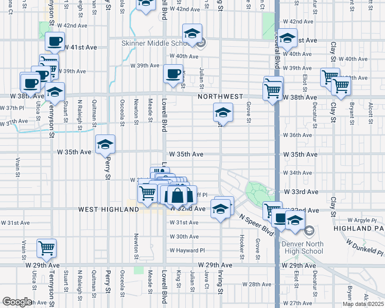map of restaurants, bars, coffee shops, grocery stores, and more near W 35th Ave & Julian St in Denver