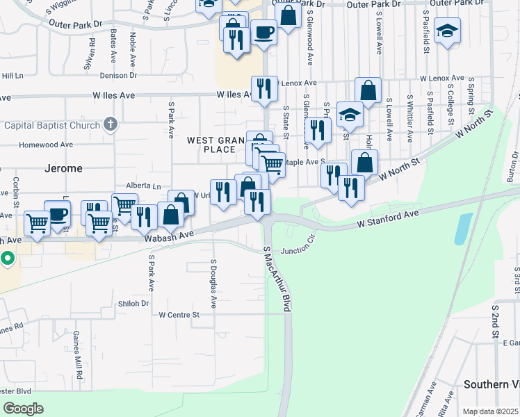 map of restaurants, bars, coffee shops, grocery stores, and more near 1003 Wabash Avenue in Springfield