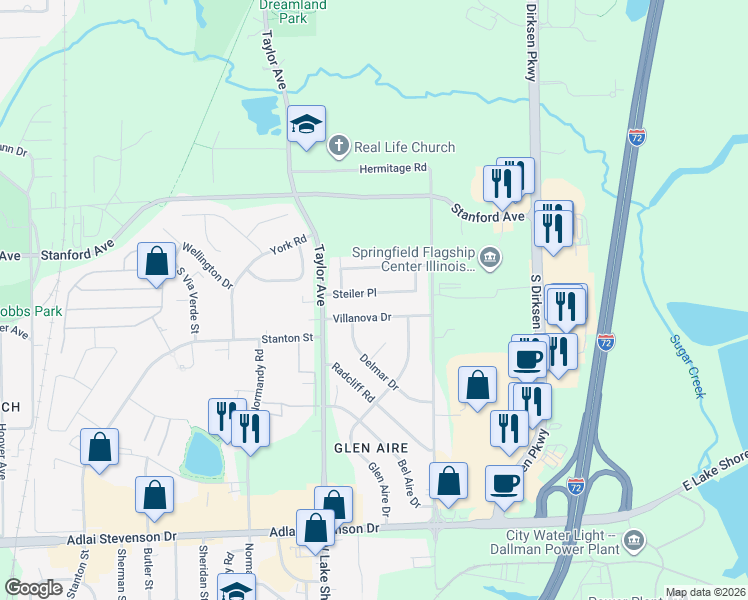 map of restaurants, bars, coffee shops, grocery stores, and more near 44 Villanova Drive in Springfield