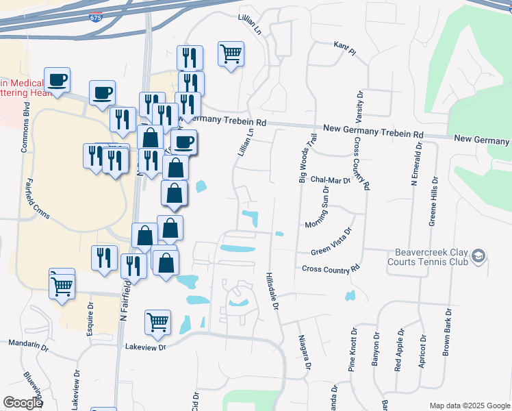 map of restaurants, bars, coffee shops, grocery stores, and more near 3018 Glenbrook Drive in Beavercreek