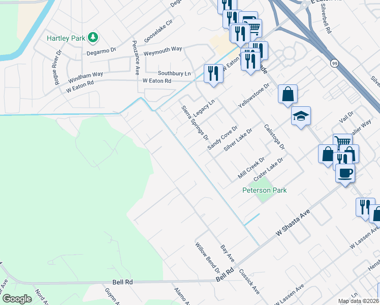 map of restaurants, bars, coffee shops, grocery stores, and more near 489 Middle Creek Drive in Chico