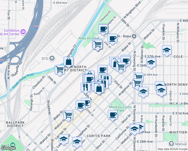 map of restaurants, bars, coffee shops, grocery stores, and more near in Denver