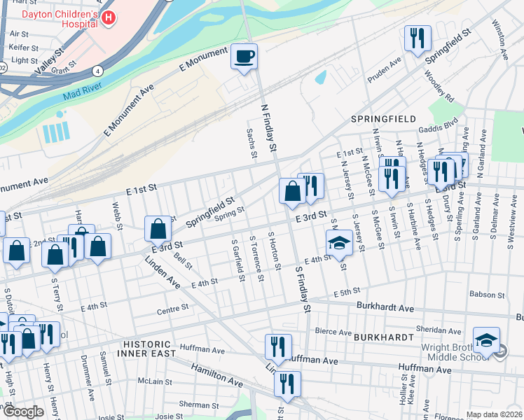 map of restaurants, bars, coffee shops, grocery stores, and more near 2419 East 3rd Street in Dayton