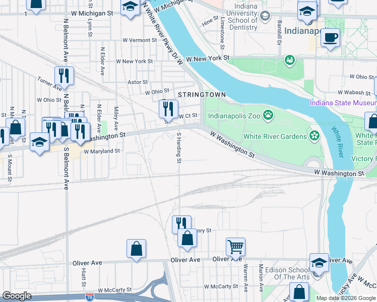 map of restaurants, bars, coffee shops, grocery stores, and more near 101 South Harding Street in Indianapolis