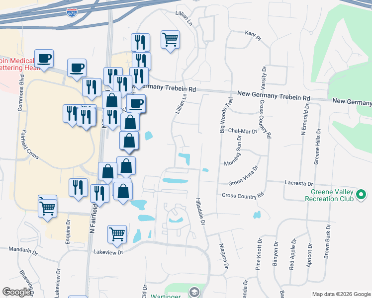 map of restaurants, bars, coffee shops, grocery stores, and more near 2630 Netherland Drive in Dayton