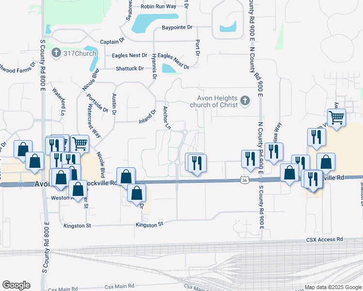 map of restaurants, bars, coffee shops, grocery stores, and more near 153 Satori Parkway in Avon
