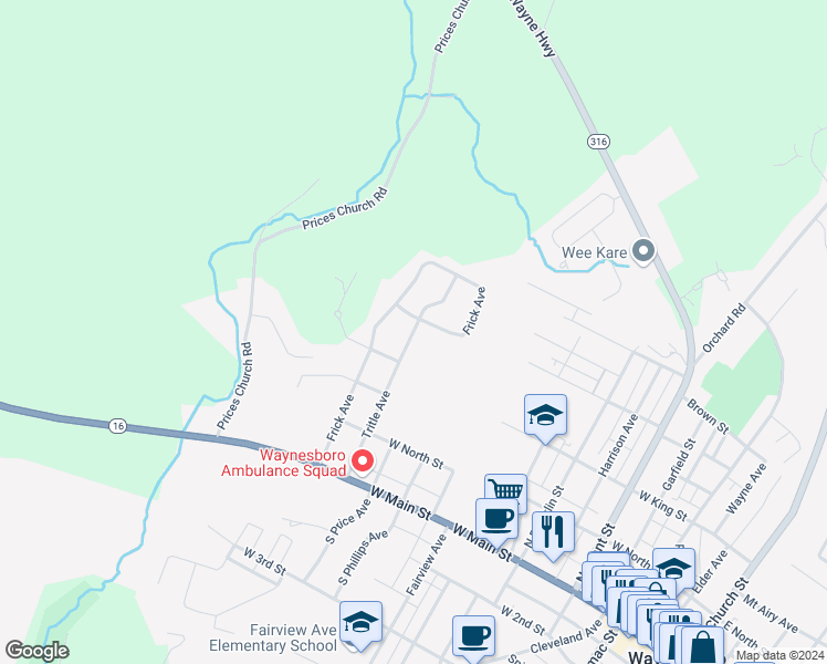map of restaurants, bars, coffee shops, grocery stores, and more near 429 Tritle Avenue in Waynesboro