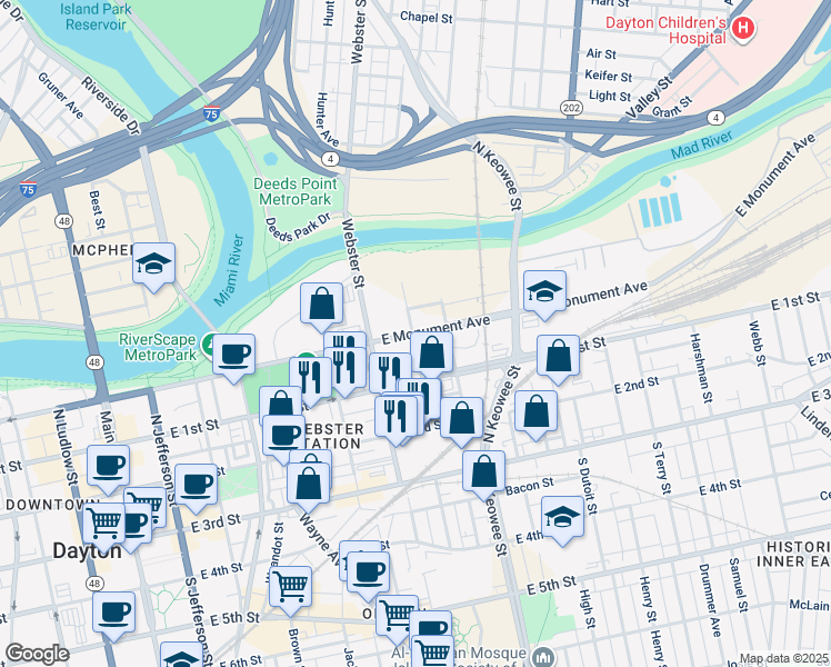 map of restaurants, bars, coffee shops, grocery stores, and more near 711 East Monument Avenue in Dayton