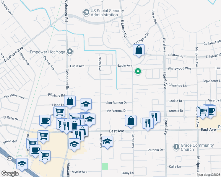 map of restaurants, bars, coffee shops, grocery stores, and more near 1063 La Mesa Drive in Chico