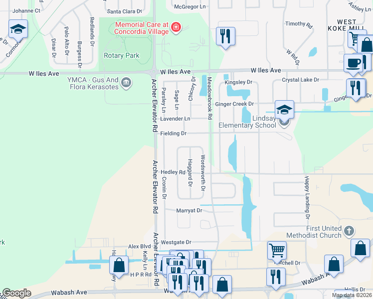 map of restaurants, bars, coffee shops, grocery stores, and more near 2701 Haggard Drive in Springfield