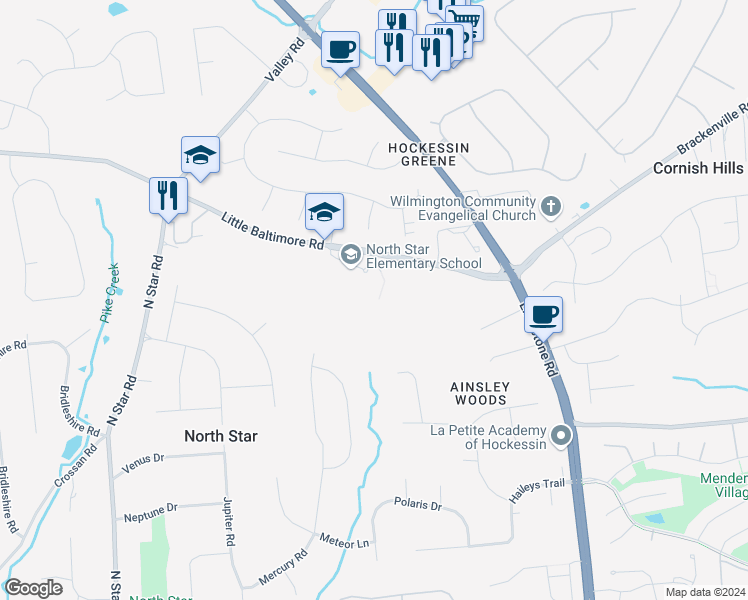 map of restaurants, bars, coffee shops, grocery stores, and more near 1340 Little Baltimore Road in Hockessin
