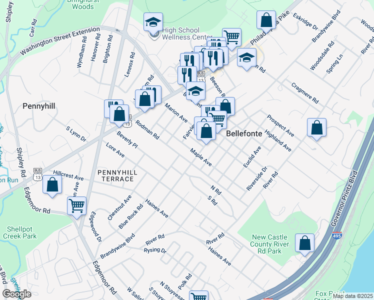 map of restaurants, bars, coffee shops, grocery stores, and more near 412 Maple Avenue in Wilmington