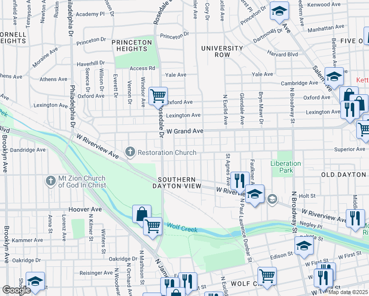 map of restaurants, bars, coffee shops, grocery stores, and more near 1416 Superior Avenue in Dayton