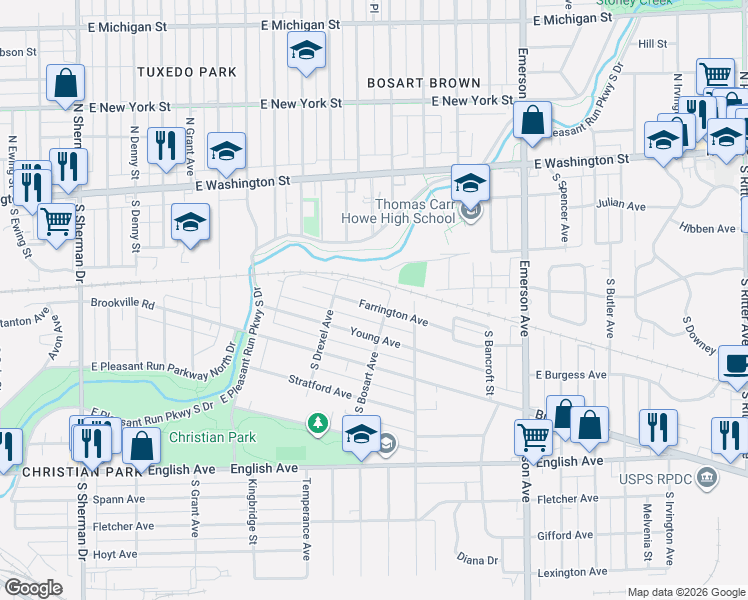 map of restaurants, bars, coffee shops, grocery stores, and more near 4653 Farrington Avenue in Indianapolis
