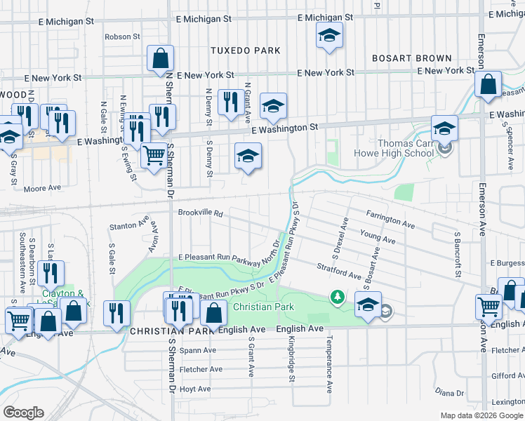 map of restaurants, bars, coffee shops, grocery stores, and more near 4107 South Brookville Road in Indianapolis