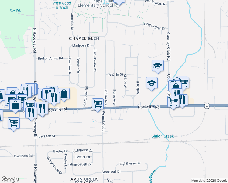 map of restaurants, bars, coffee shops, grocery stores, and more near 34 Burke Avenue in Indianapolis