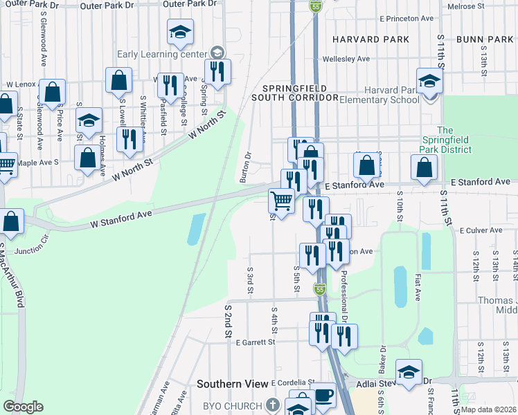 map of restaurants, bars, coffee shops, grocery stores, and more near 2721-2799 South 4th Street in Springfield