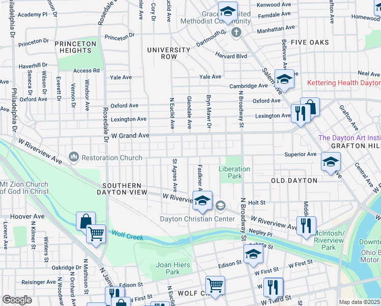 map of restaurants, bars, coffee shops, grocery stores, and more near 1049 Superior Avenue in Dayton