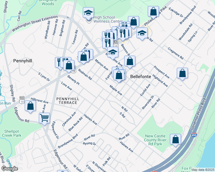map of restaurants, bars, coffee shops, grocery stores, and more near 412 Maple Avenue in Wilmington