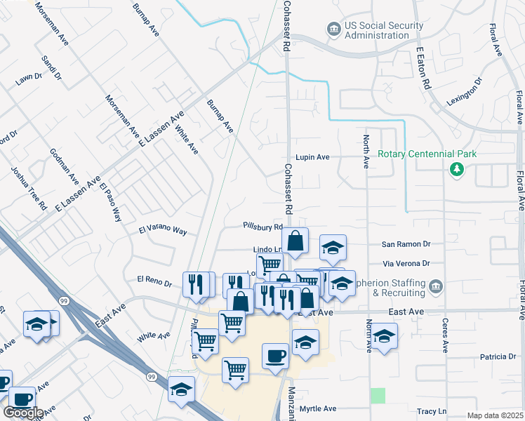 map of restaurants, bars, coffee shops, grocery stores, and more near 2801 Cohasset Road in Chico