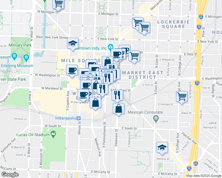map of restaurants, bars, coffee shops, grocery stores, and more near 157 East Maryland Street in Indianapolis