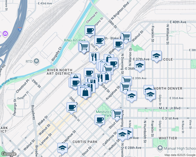 map of restaurants, bars, coffee shops, grocery stores, and more near 3300 Walnut Street in Denver
