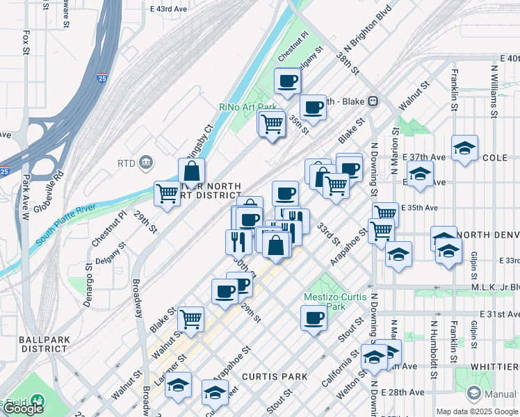 map of restaurants, bars, coffee shops, grocery stores, and more near 3179 Blake Street in Denver