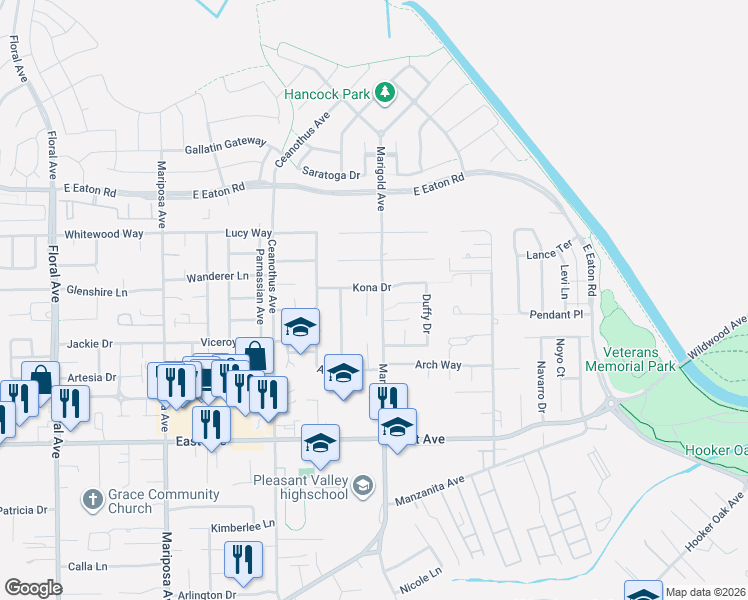 map of restaurants, bars, coffee shops, grocery stores, and more near 2 Lanai Court in Chico