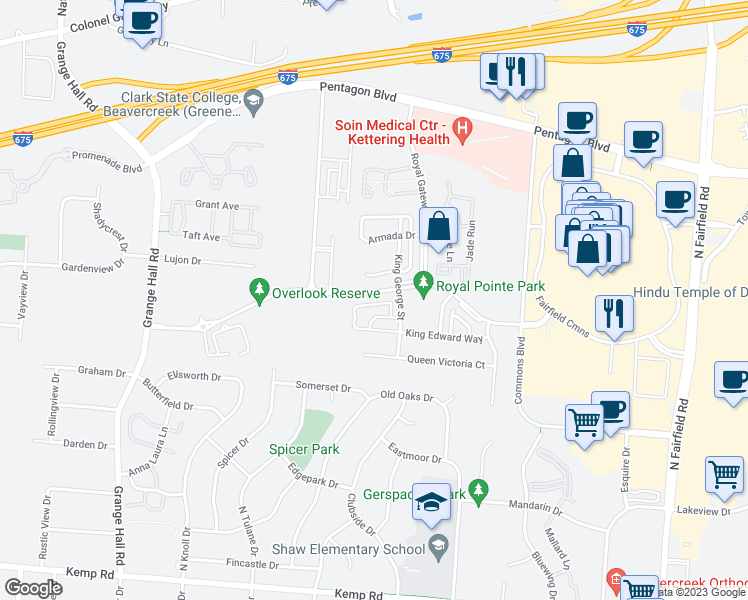 map of restaurants, bars, coffee shops, grocery stores, and more near 2574 King Arthur Way in Beavercreek