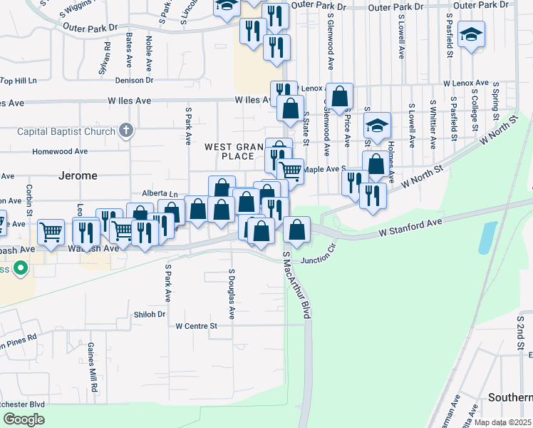 map of restaurants, bars, coffee shops, grocery stores, and more near 1029 Wabash Avenue in Springfield