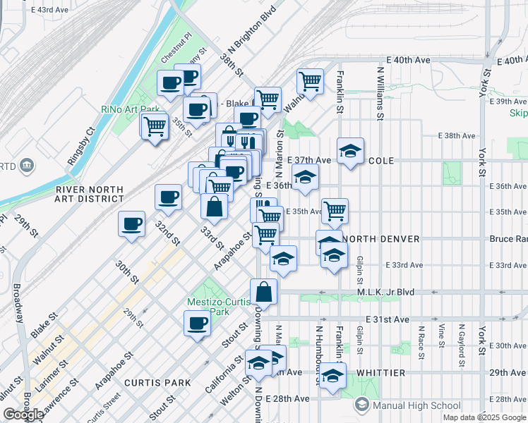 map of restaurants, bars, coffee shops, grocery stores, and more near 1220 East 35th Avenue in Denver