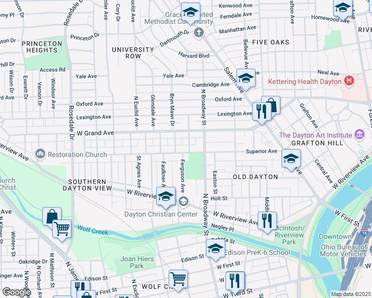 map of restaurants, bars, coffee shops, grocery stores, and more near 905 Superior Avenue in Dayton