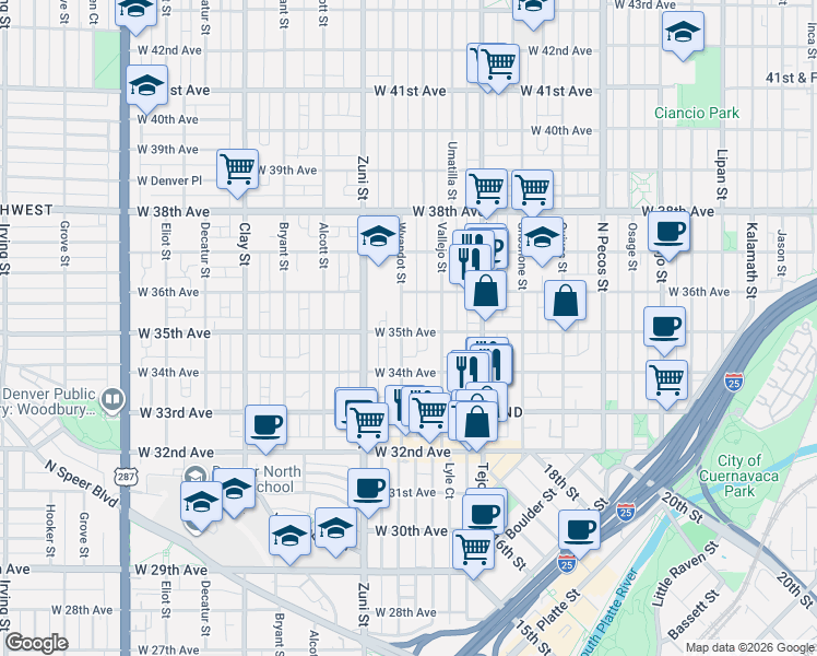 map of restaurants, bars, coffee shops, grocery stores, and more near 2232 West 36th Avenue in Denver