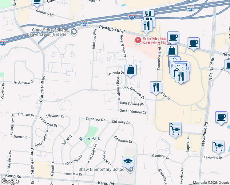 map of restaurants, bars, coffee shops, grocery stores, and more near 3603 Parliament Court in Beavercreek