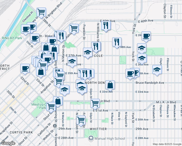 map of restaurants, bars, coffee shops, grocery stores, and more near 3500 Gilpin Street in Denver