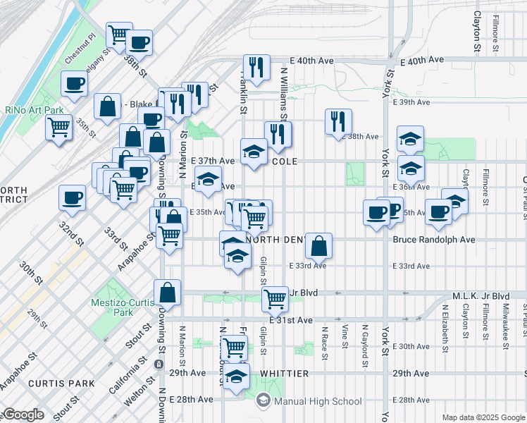 map of restaurants, bars, coffee shops, grocery stores, and more near 3500 Gilpin Street in Denver