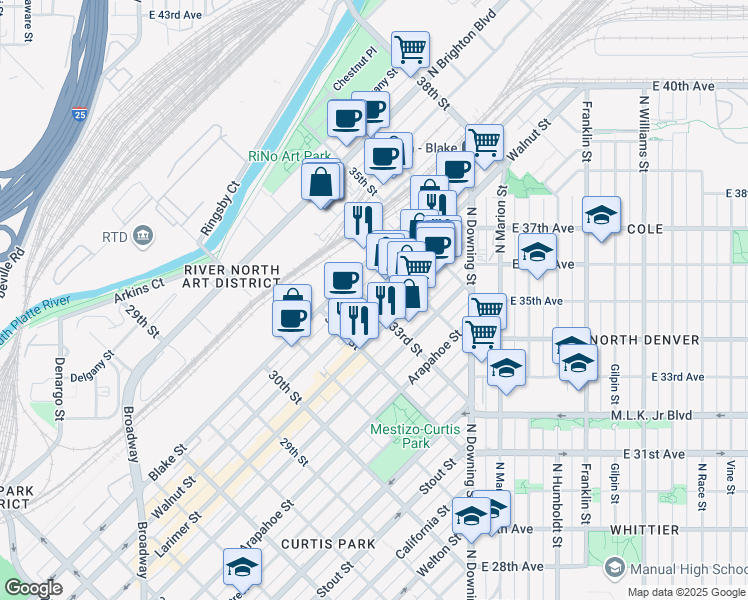 map of restaurants, bars, coffee shops, grocery stores, and more near 3300 Walnut Street in Denver