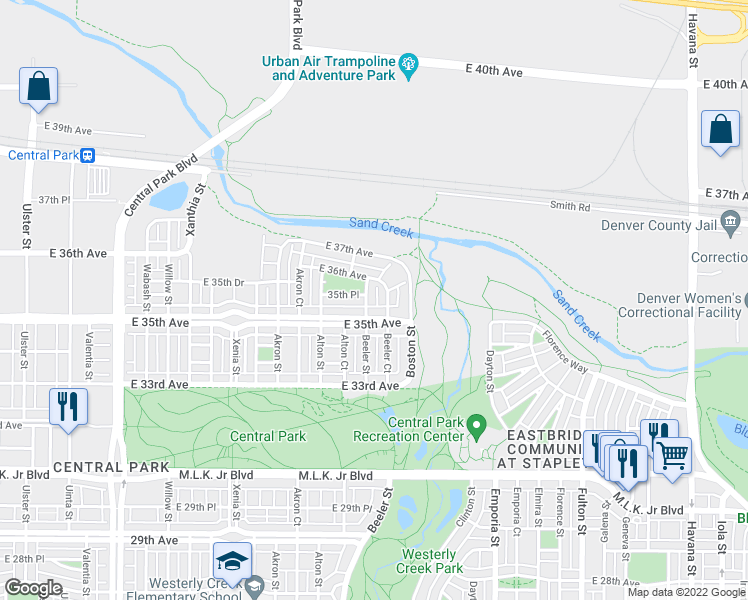 map of restaurants, bars, coffee shops, grocery stores, and more near 9173 East 36th Avenue in Denver