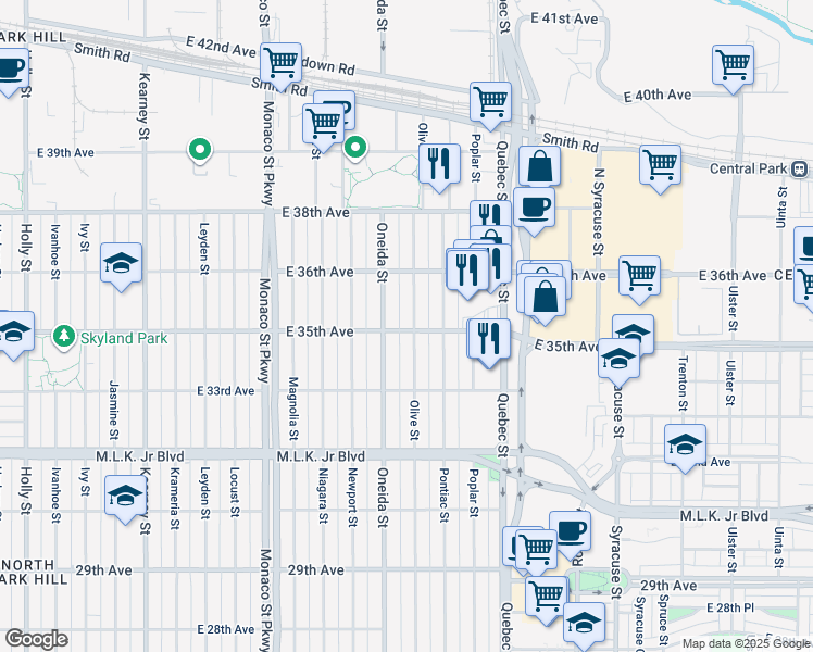 map of restaurants, bars, coffee shops, grocery stores, and more near 3546 Olive Street in Denver