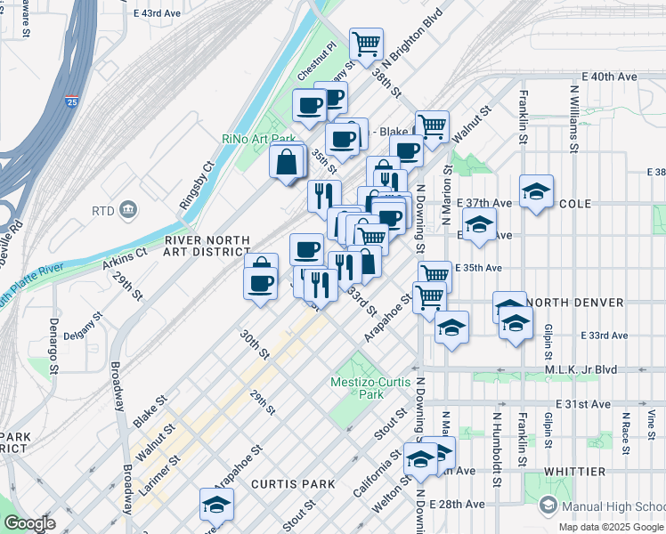map of restaurants, bars, coffee shops, grocery stores, and more near 3321 Walnut Street in Denver
