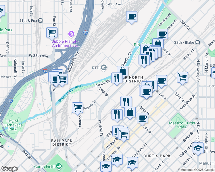 map of restaurants, bars, coffee shops, grocery stores, and more near 2950 Arkins Court in Denver