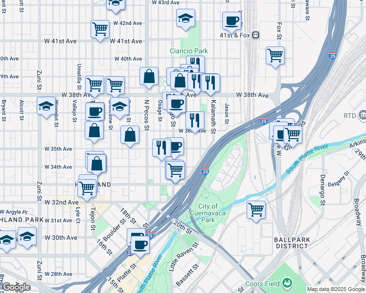 map of restaurants, bars, coffee shops, grocery stores, and more near 3543 Mariposa Street in Denver