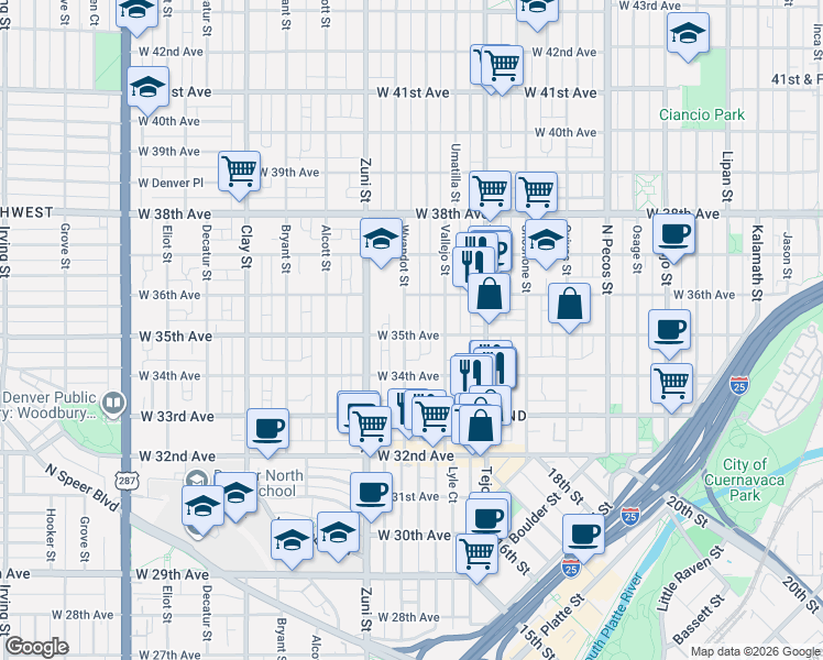 map of restaurants, bars, coffee shops, grocery stores, and more near 2232 West 36th Avenue in Denver