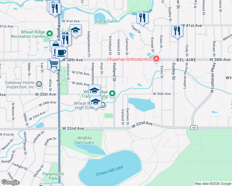 map of restaurants, bars, coffee shops, grocery stores, and more near 3540 Holland Street in Wheat Ridge