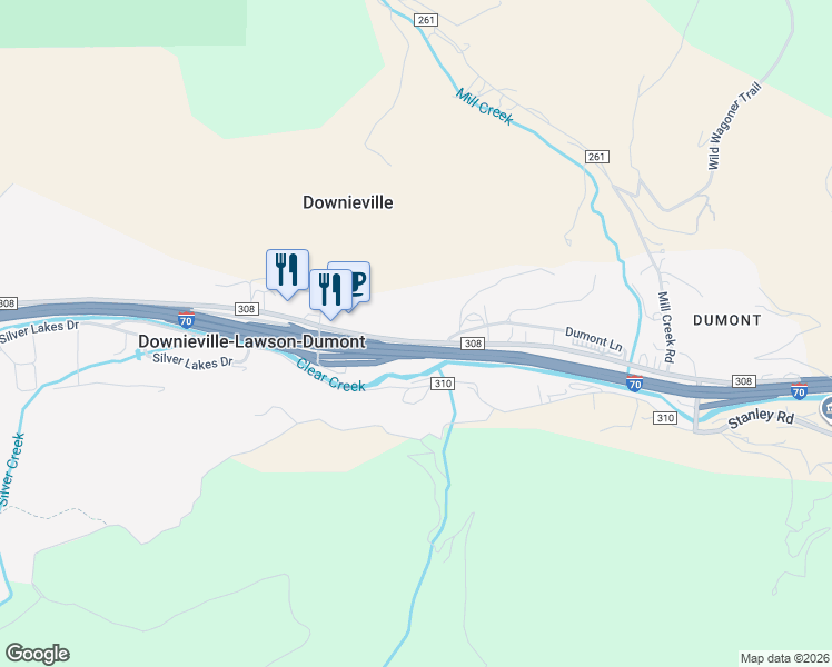 map of restaurants, bars, coffee shops, grocery stores, and more near 757 County Road 308 in Downieville-Lawson-Dumont