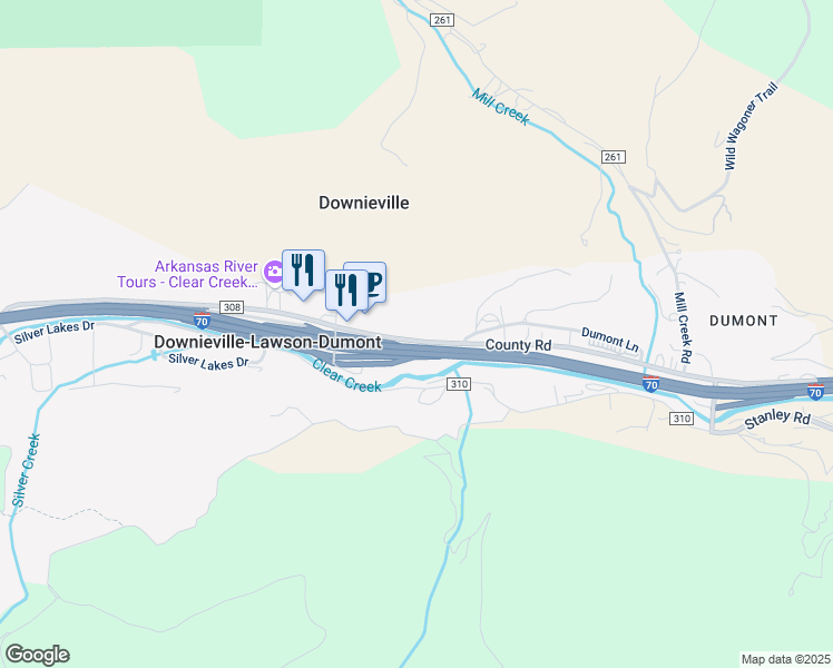 map of restaurants, bars, coffee shops, grocery stores, and more near 757 County Road 308 in Downieville-Lawson-Dumont