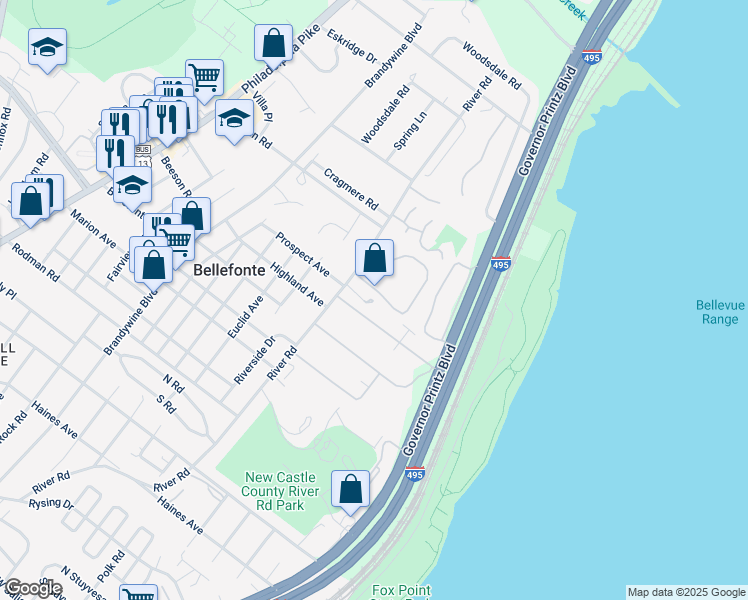 map of restaurants, bars, coffee shops, grocery stores, and more near 1338 Birch Lane in Wilmington