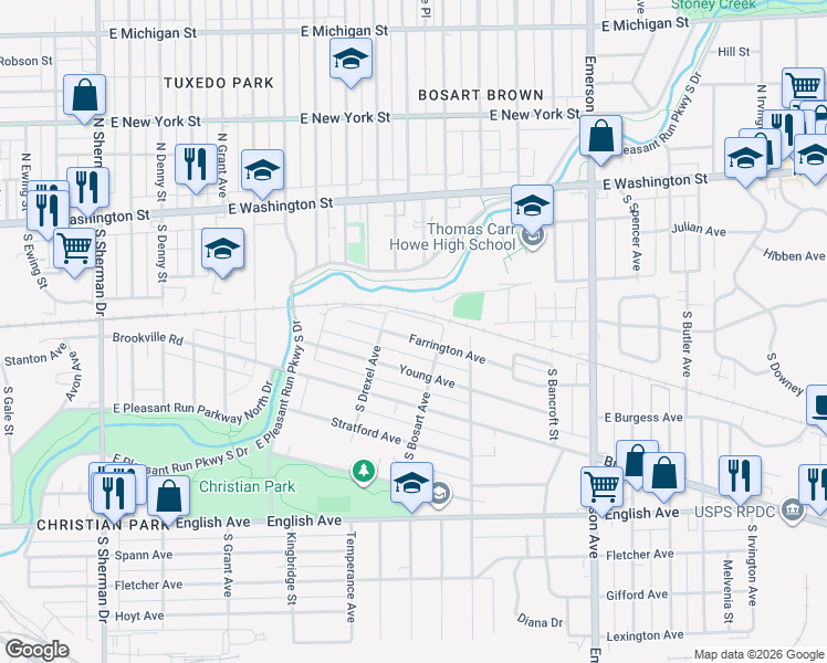 map of restaurants, bars, coffee shops, grocery stores, and more near 4800 East Washington Street in Indianapolis