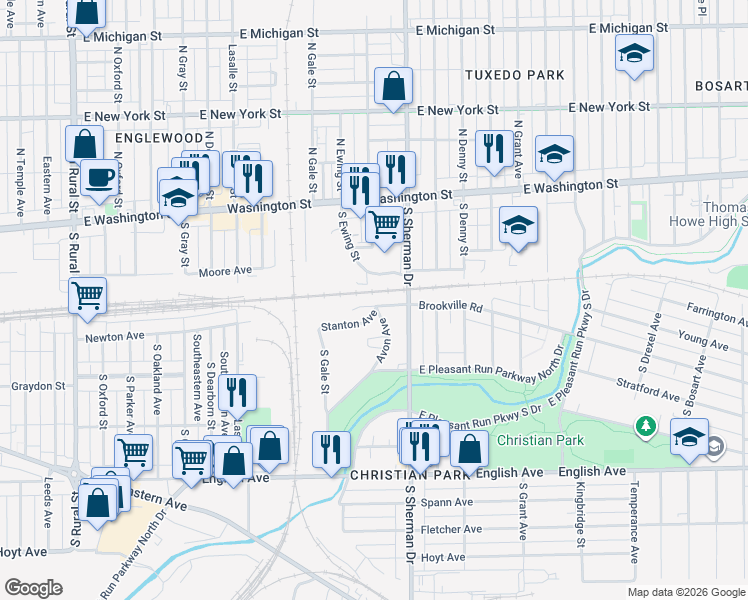 map of restaurants, bars, coffee shops, grocery stores, and more near 80 South Sherman Drive in Indianapolis